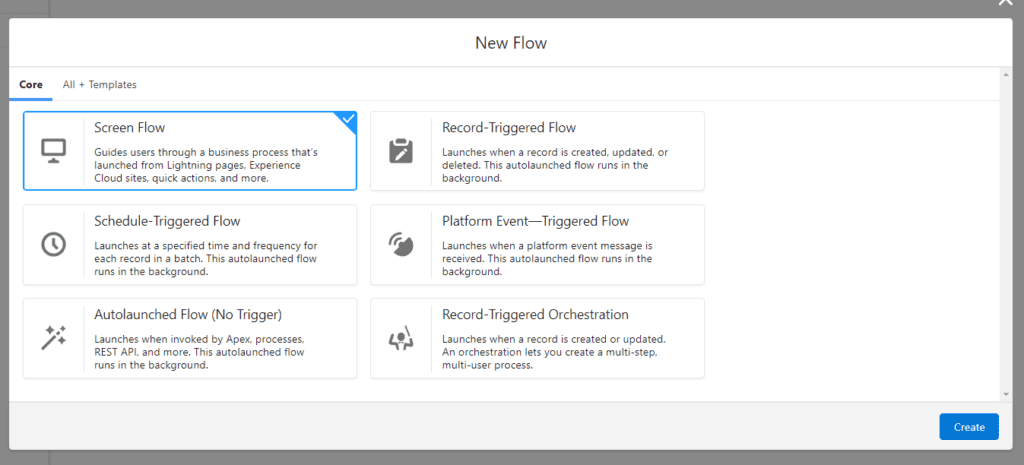 Screenshot of Salesforce 'New Flow' selector.