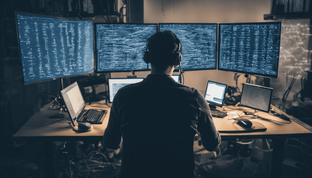 Person sitting at desk fcing away, looking at four computer monitors and laptops.