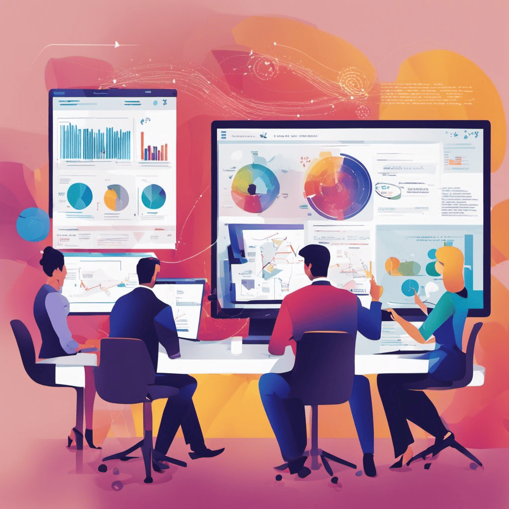 vector image of corporate setting with four humans looking at a wall of data with pie chart snad bar graphs.