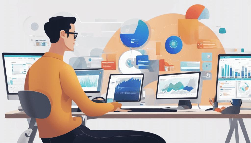 vector style representation of person sitting at desk look at copmuters screens with charts and data.