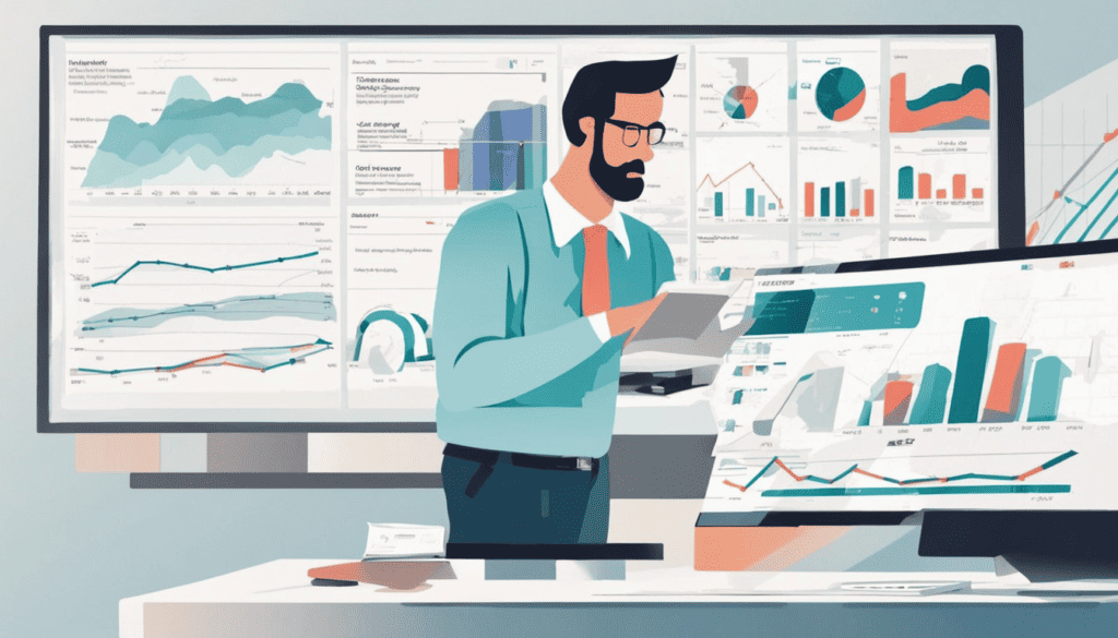 vectory style person holding sheet of paper analysic report charts and data dashboards.