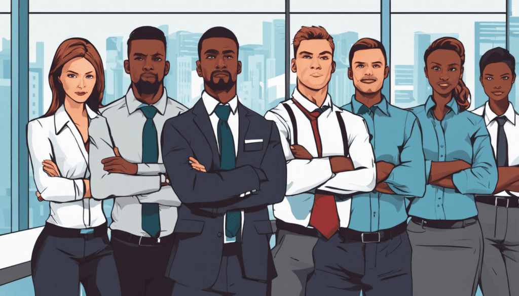 vector style seven person sales team all standing with arms folded looking directly at you.