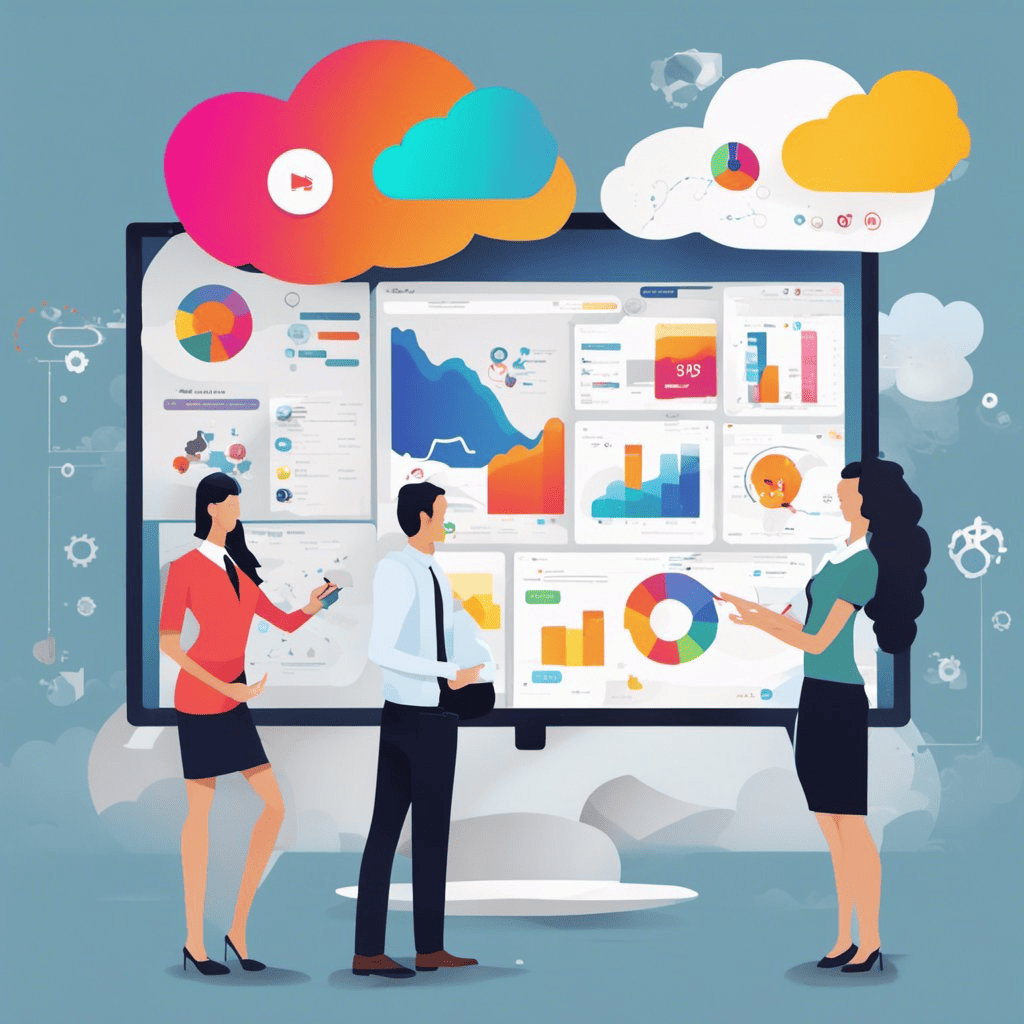 vector representation of three people standing in front of a large screen containing data charts.