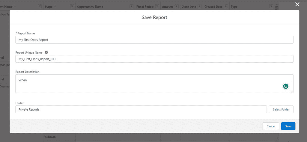 Screenshot of Salesforce report builder saving interface dialogue box.