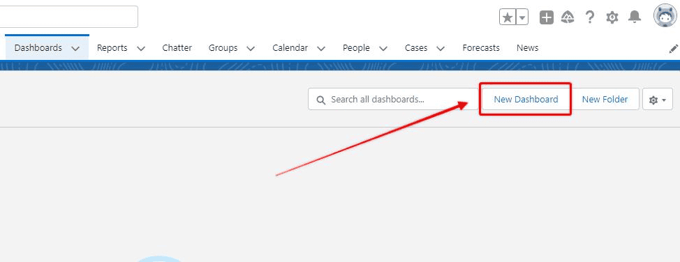 Screenshot of Salesforce Dashboard with 'New Dashboard' button highlighted.