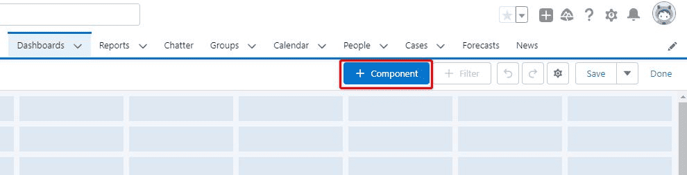 Screenshot of Salesforce Dashboard in 'edit' mode with the 'new components' button highlighted. 