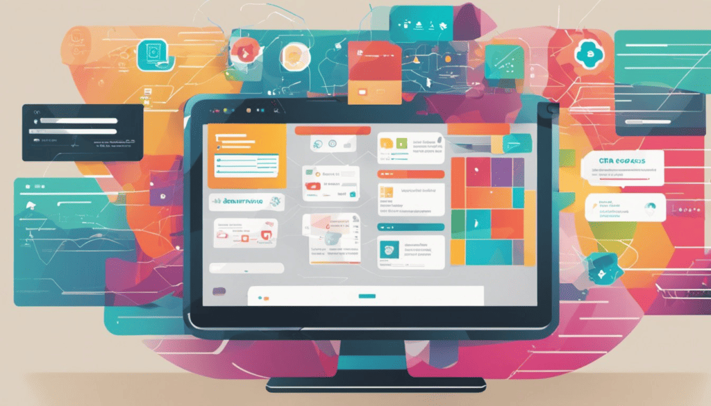 vector illustration of computer screen surrounded by bright colors and computer related visuals.