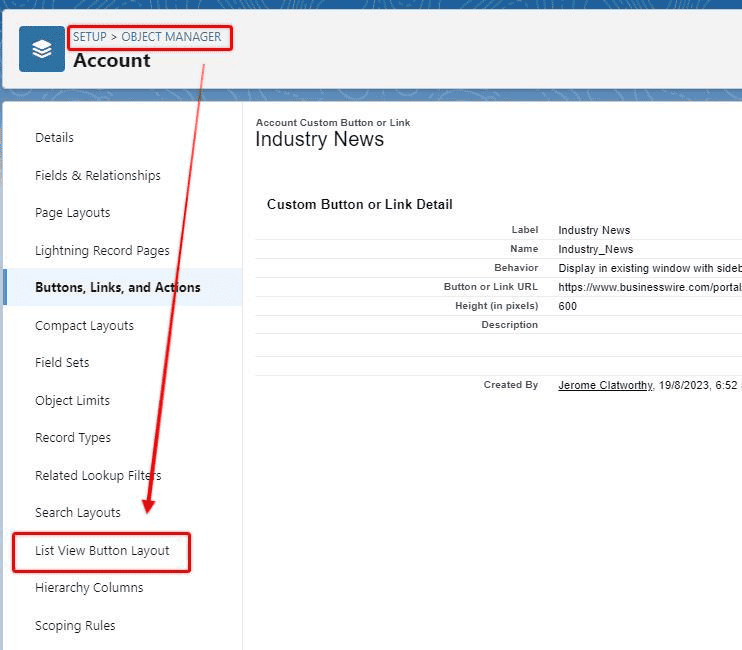 Screenshot of Salesforce Object manager.