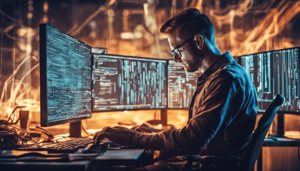 Middle age man sitting at multiple computer screens types lines of ocmputer code.