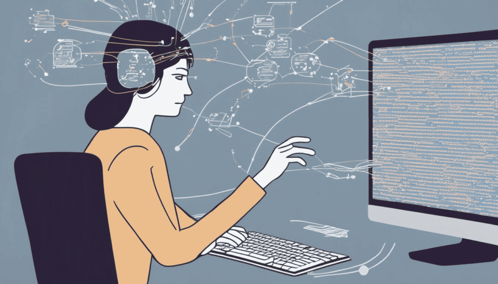 Vector style image of lady sitting at computer with hand in the air pointing at the computer screen.