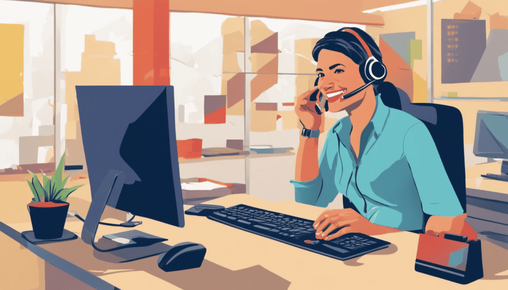 vector image of lady sitting at a desk looking at her computer screen and smiling whilst talking on the phone with a headset.
