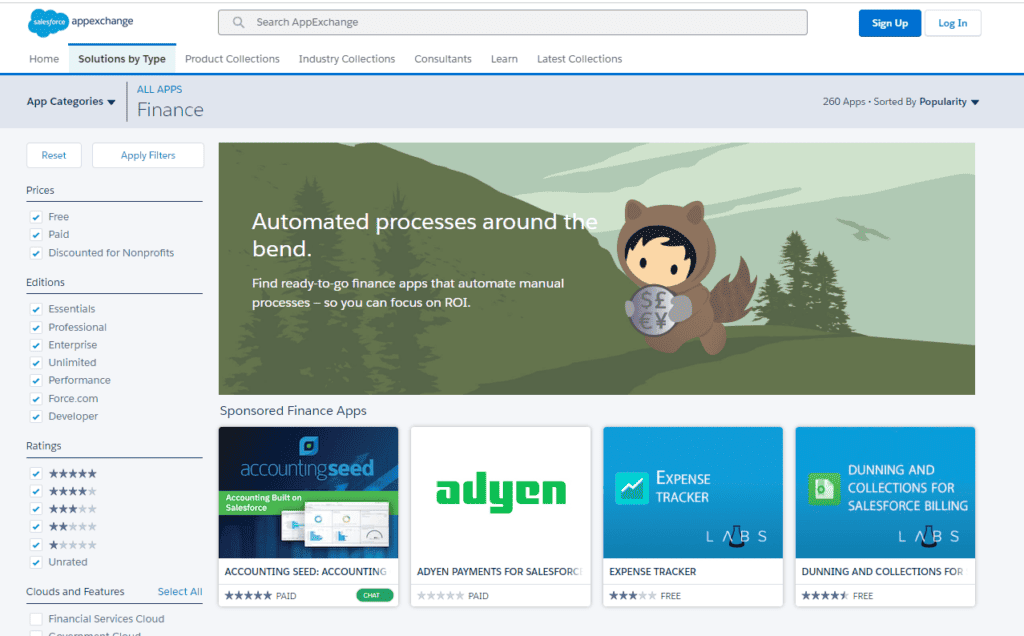 Screenshot of Salesforce AppExchange Finance Apps website page.