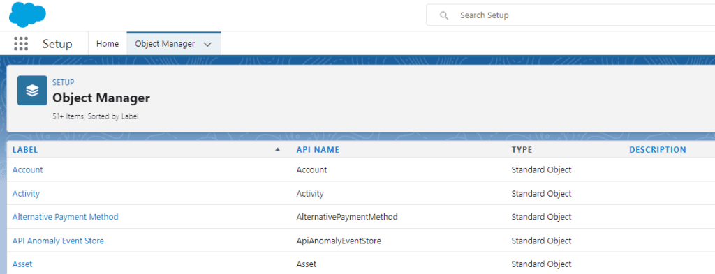 Screenshot of Salesforce Setup Object Manager.