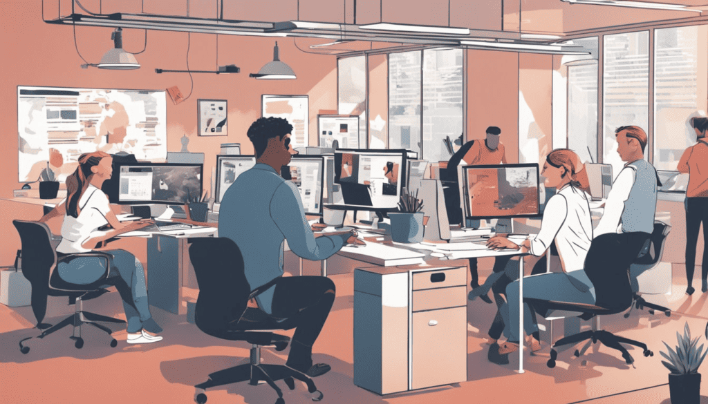 Vector style portrayal of busling ofice with multiple people sitting at desks looking at their computers.