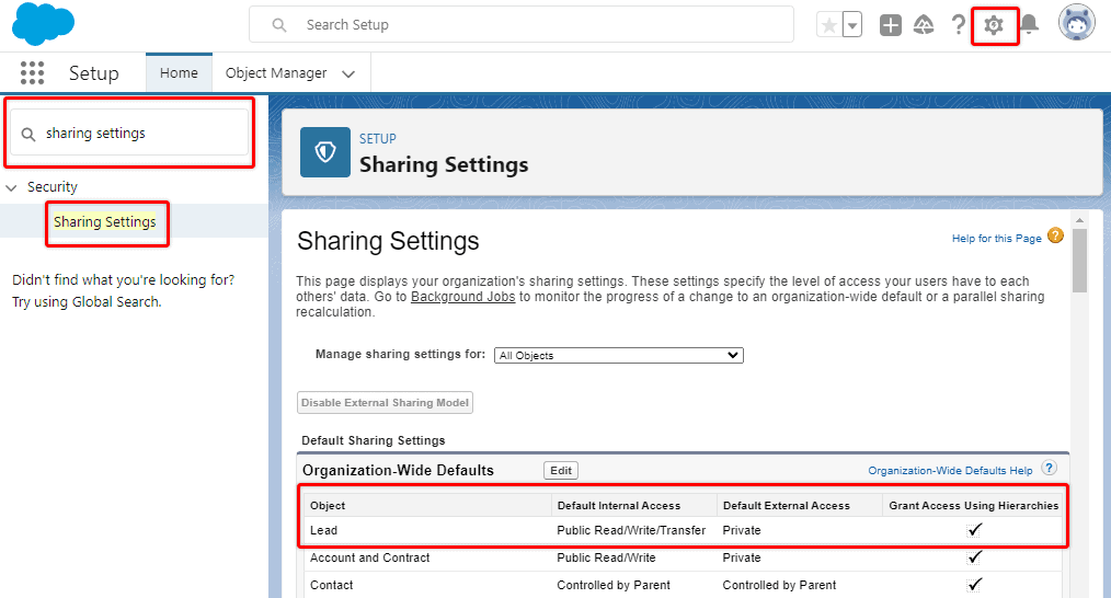 Screenshot of Salesforce Sharings Settings page in Setup.