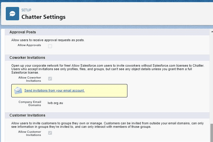 Screenshot of Salesforce Chater App Settings.