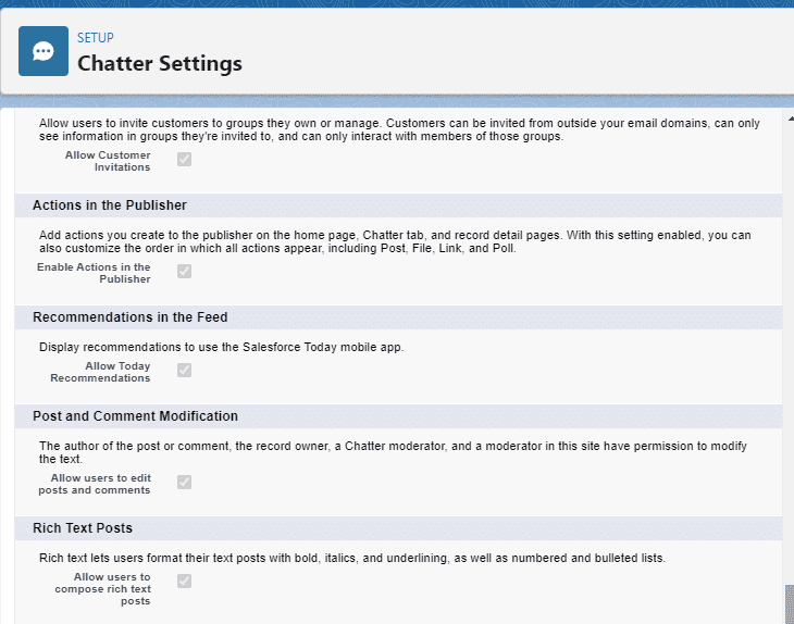 Screenshot of Salesforce Chatter Settings.