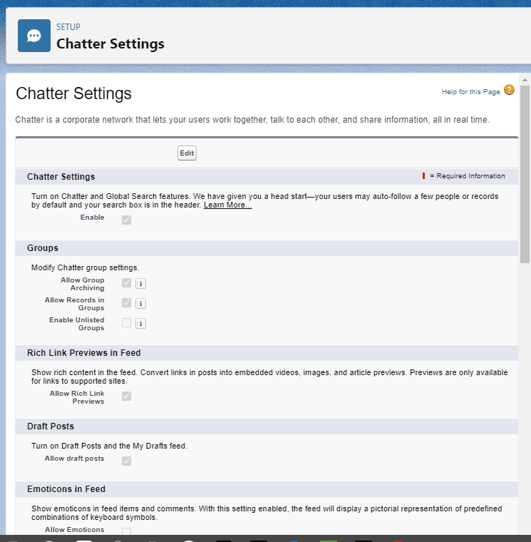 Screenshot of Salesforce Chatter Settings.