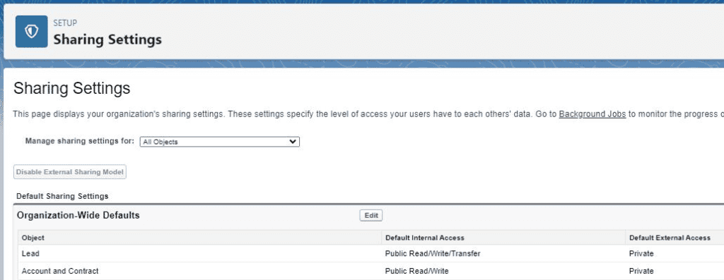 Screenshot of Salesforce Sharing Settings Page in Setup Area.