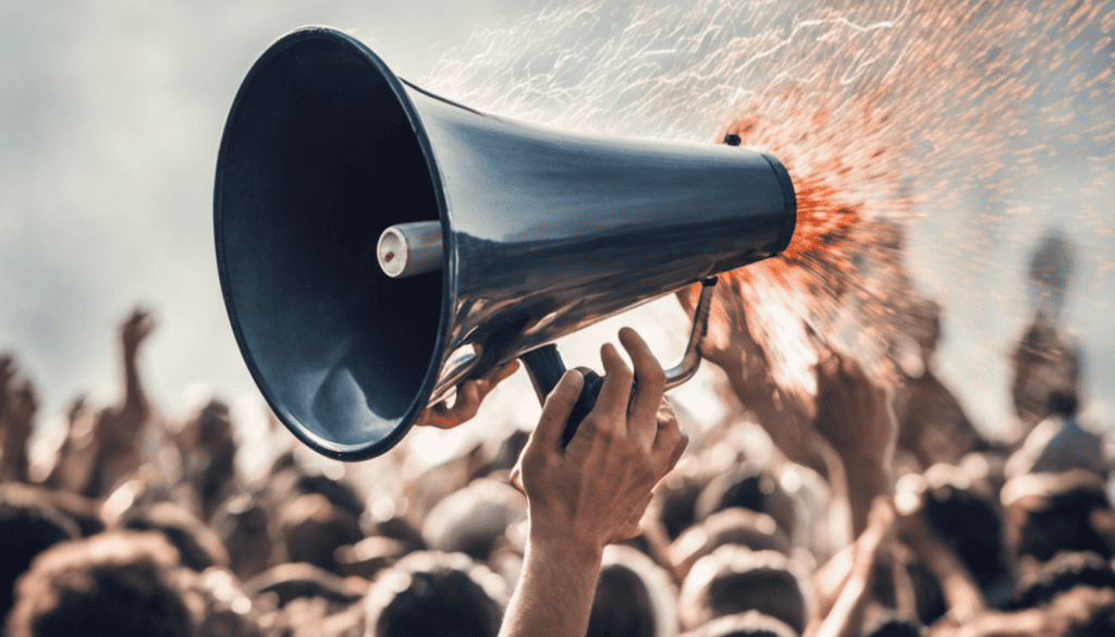 Megaphone in centre of image with crowd blurred in the background.