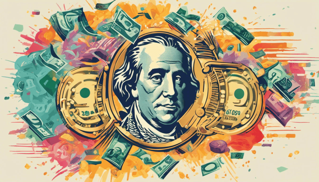 Vector style repreentaiton of curreny figurehead with bank notes in the background.