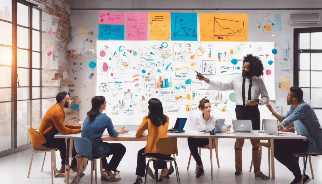 Six people sitting around a long table with colorful charts and diagrams on the background wall.