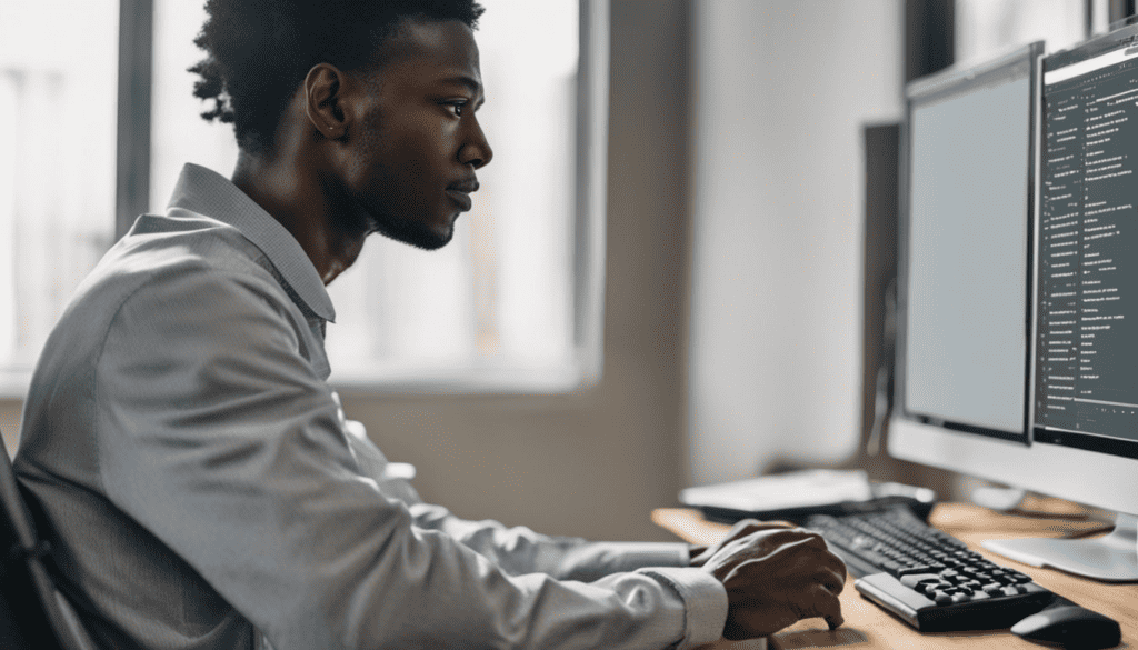 Man sitting at desk typing on a computer and looking at a computer screen.