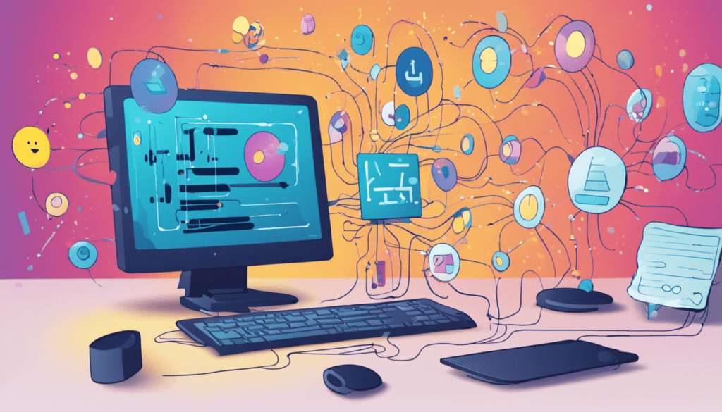 corton representation of a copmuter with wires swirling around it on a pink and yellow background.