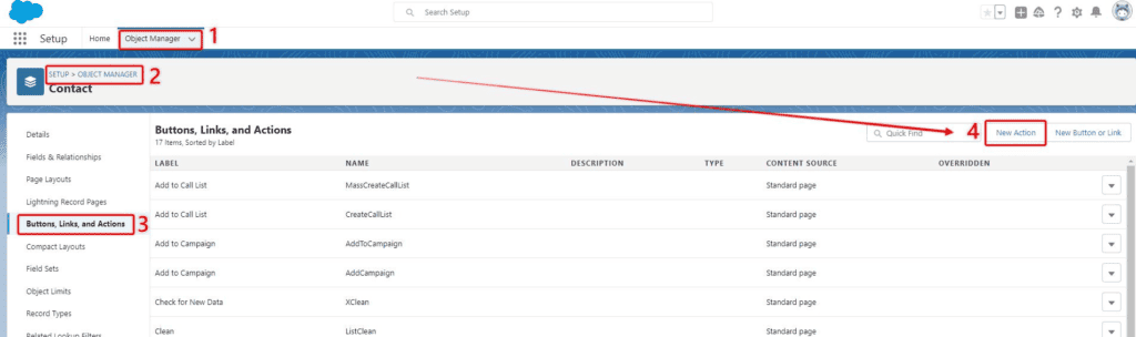 Screenshot of Salesforce Object Manager with the 'Buttons, Links and Actions' screen highlighted.