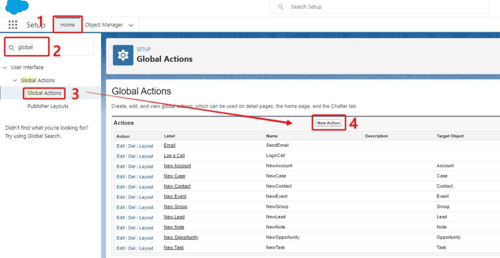 Screenshot of Salesforce Setup Global Actions list.