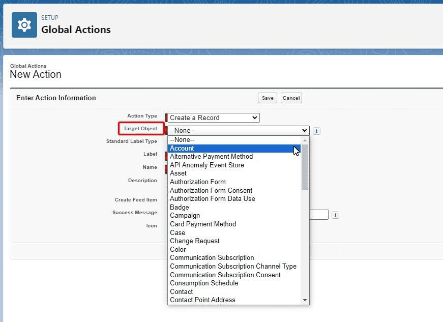 Screenshot of Salesforce New Action dialogue box.