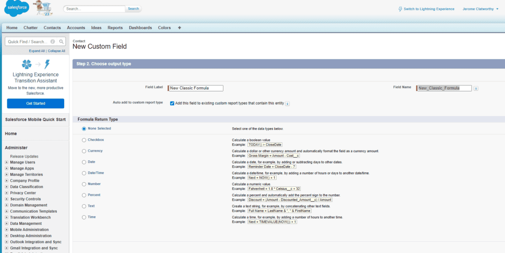 Screenshot of Salesforce Classic Object Manager creating a new Formula field.