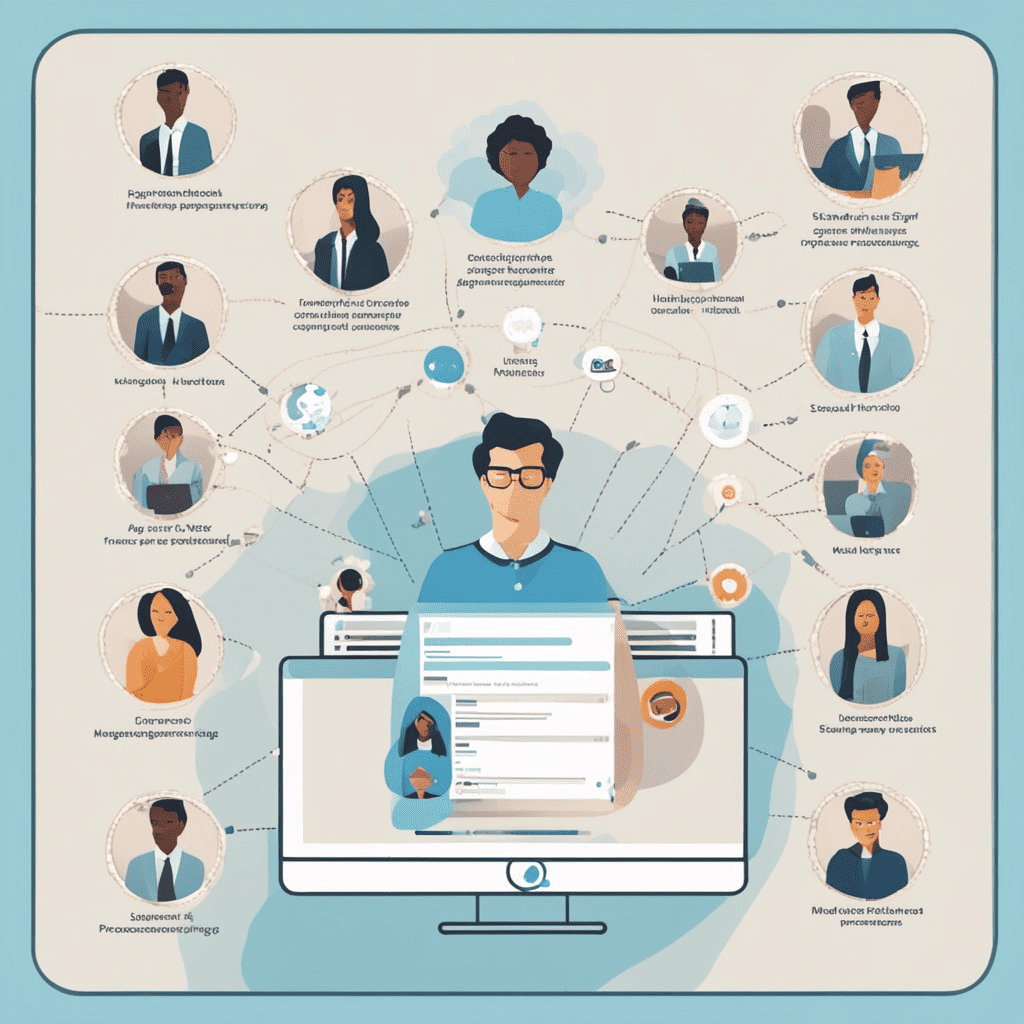 Vector image of multiple faces connected by lines to represent inerconneced team of Salesforce users.