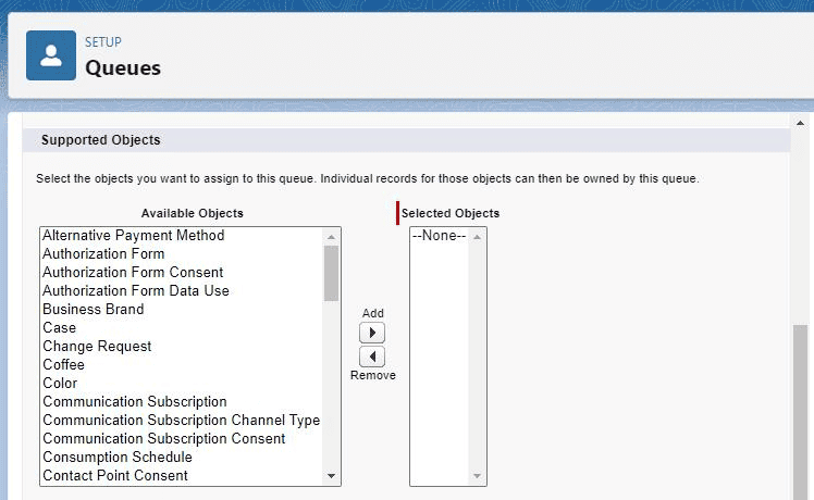 Screenshot for Salesforce Queue setup screen.