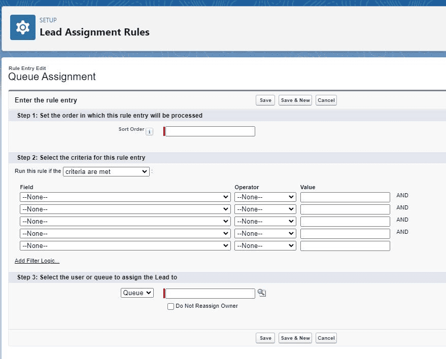 Screenshot of Salesforce Lead Assignment to Queue setup screen.