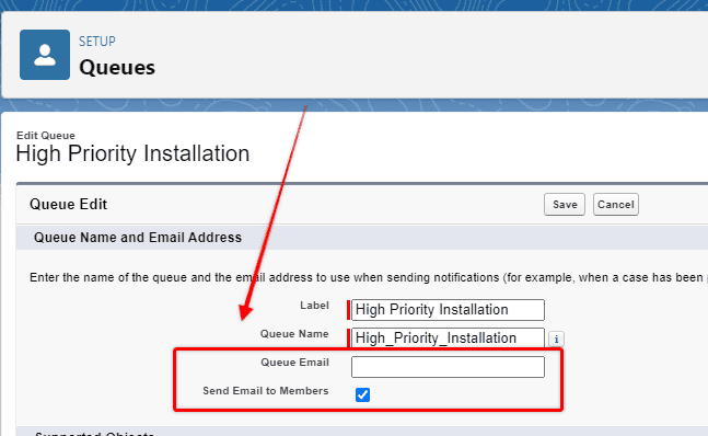 Screenshot of Salesforce Queue email notification settings.