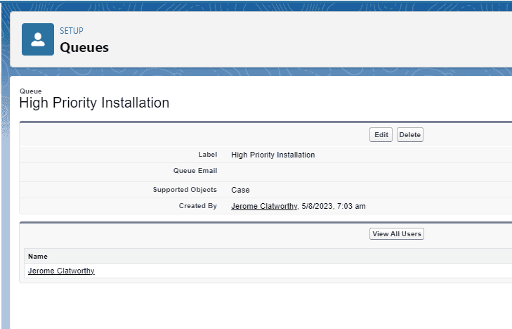 Screenshot of Salesforce Queue details screen.