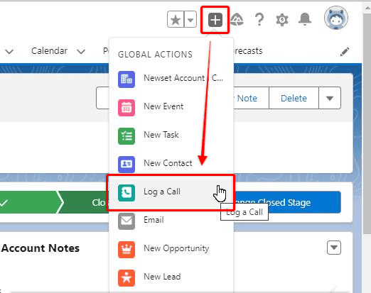 Screenshot of Salesforce Global Action menu.