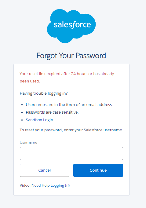 Screnshot of Salesforce 'Forgot Your Password' screen.