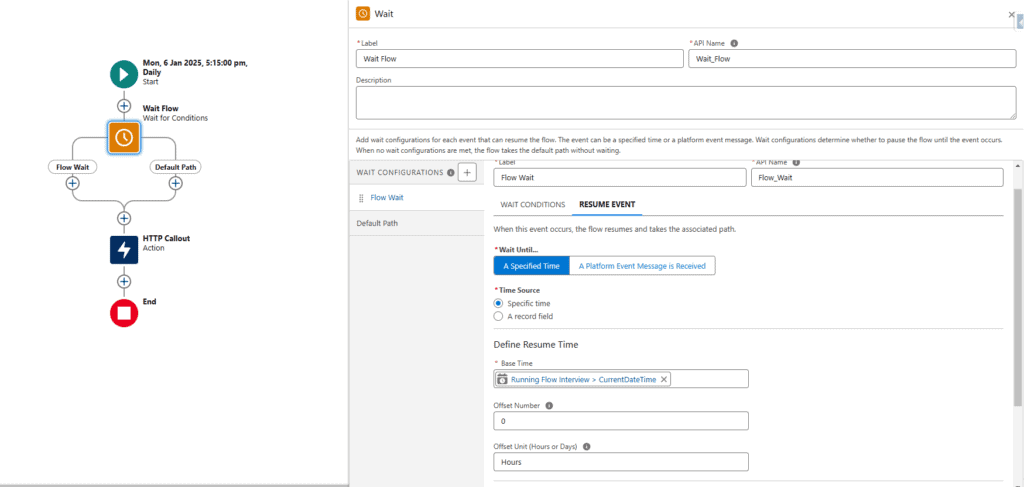 Screenshot of Salesforce Flow Canvas inserting Wait element prior to a HTTP Callout